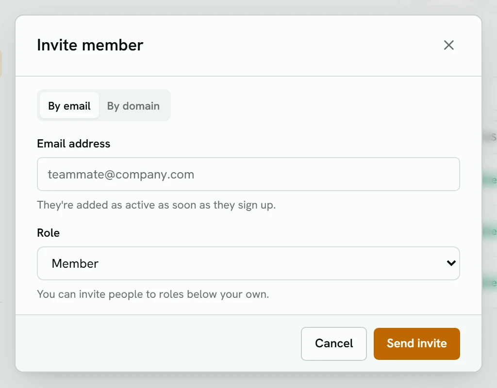 The Invite member dialog: By email and By domain choices, an Email address box, a Role menu set to Member, and Cancel and Send invite buttons.
