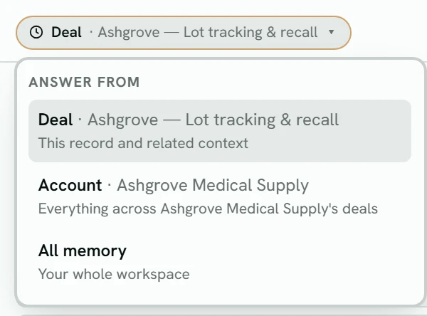 The Answer from menu open under the chip Deal · Ashgrove — Lot tracking & recall. Three choices: Deal · Ashgrove — Lot tracking & recall, This record and related context; Account · Ashgrove Medical Supply, Everything across Ashgrove Medical Supply's deals; and All memory, Your whole workspace.