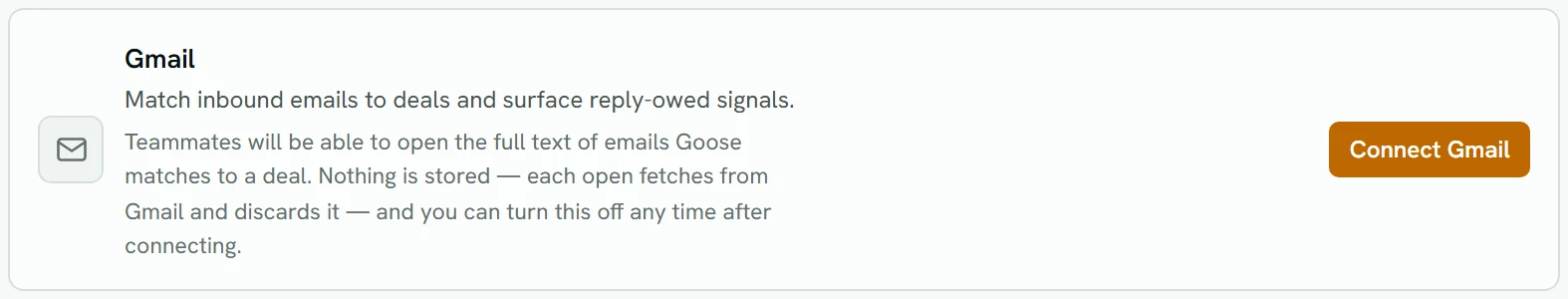 The Gmail row before it is connected: what it does, the note that teammates can open the full text of matched emails, and Connect Gmail.