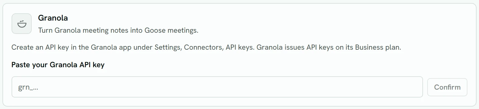 The Granola row: where to create an API key in Granola, the Paste your Granola API key field, and Confirm.