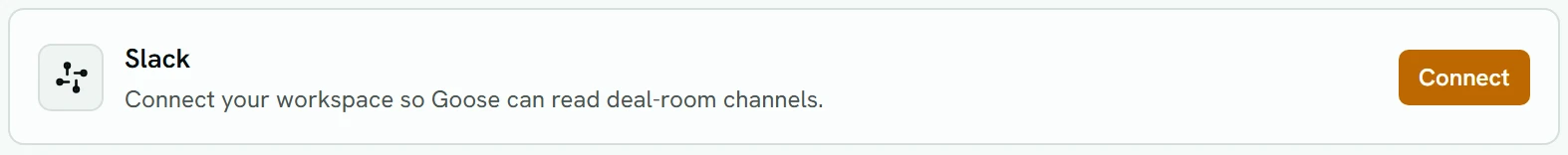 The Slack row on Settings, Integrations, before Slack is connected, with its Connect button.