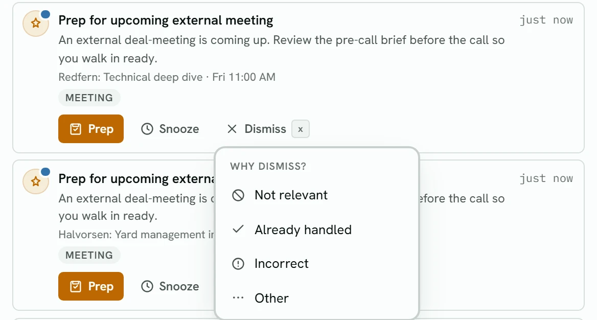 An Activity card with its Dismiss menu open, offering Not relevant, Already handled, Incorrect and Other.