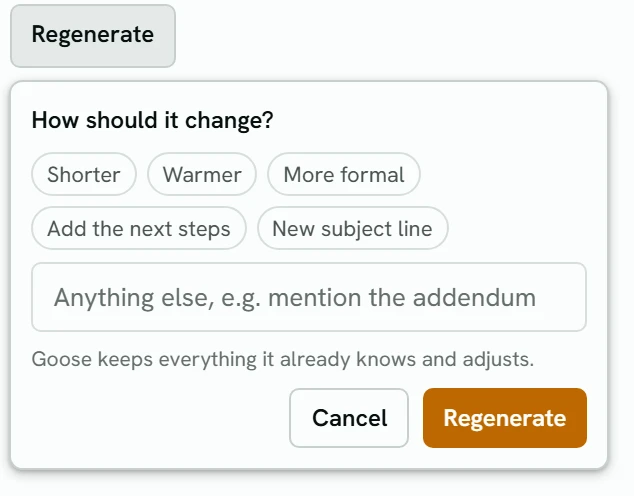 Regenerate pressed on a follow-up draft: the How should it change? box, with the choices Shorter, Warmer, More formal, Add the next steps and New subject line, a box for anything else, and Cancel and Regenerate buttons.