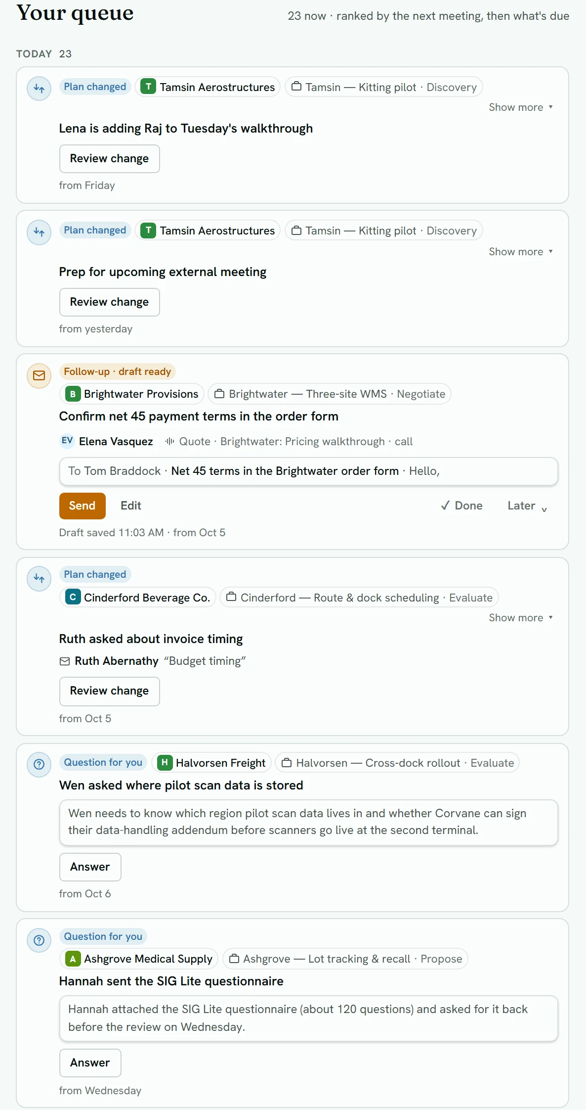 Home's queue: Plan changed cards with a Review change button, a Follow-up · draft ready card with the draft's first line and Send, Edit, Done and Later buttons, and a Question for you card with an Answer button.