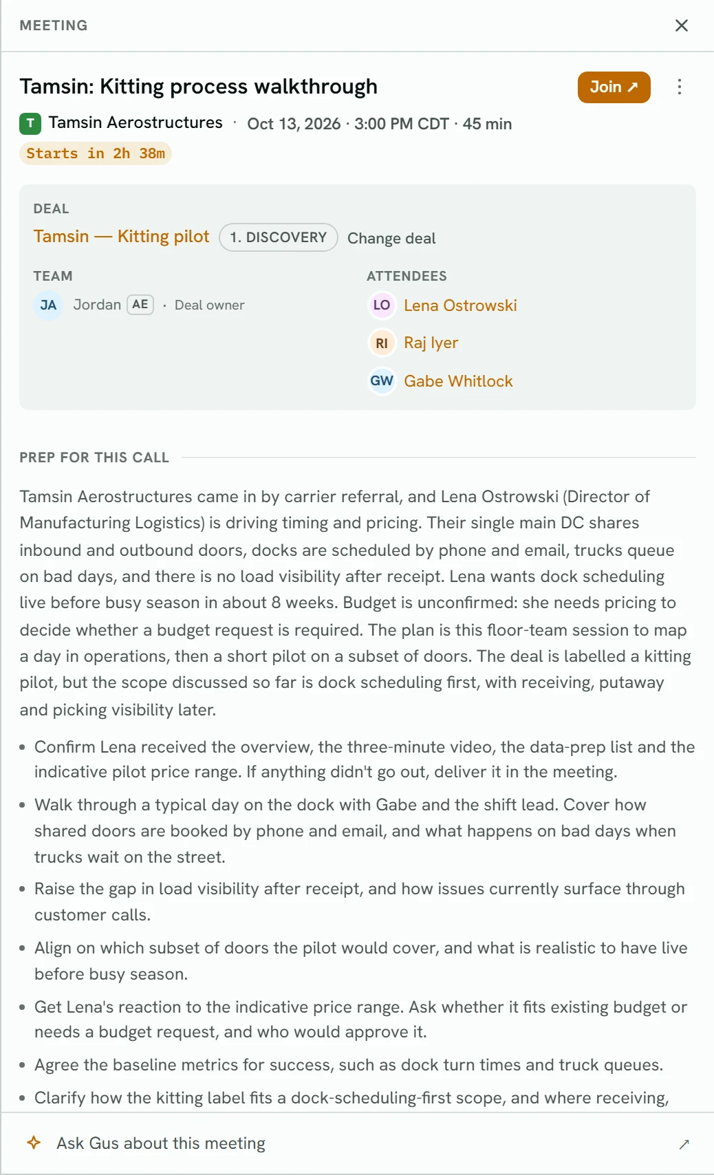 An upcoming meeting open beside the list: the title, company, date and Join button at the top, then its deal, team and attendees, and below them Prep for this call with the brief.
