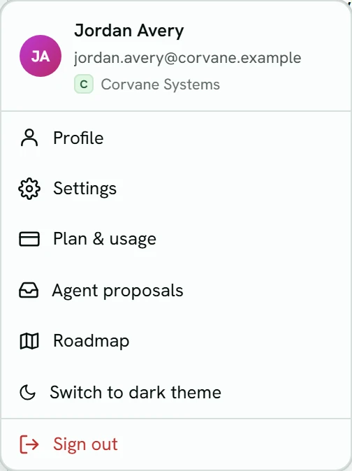The account menu, opened from the avatar at the bottom of the left rail: Jordan Avery's name, email and workspace, then Profile, Settings, Plan & usage, Agent proposals, Roadmap, Switch to dark theme and Sign out.